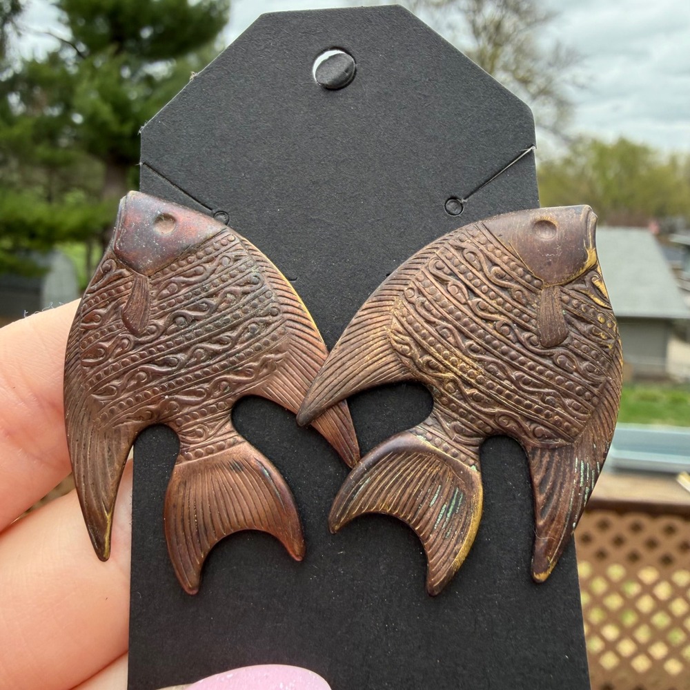 Vintage Style Bronze Fish Stud Earrings Embossed Angelfish Statement Jewelry